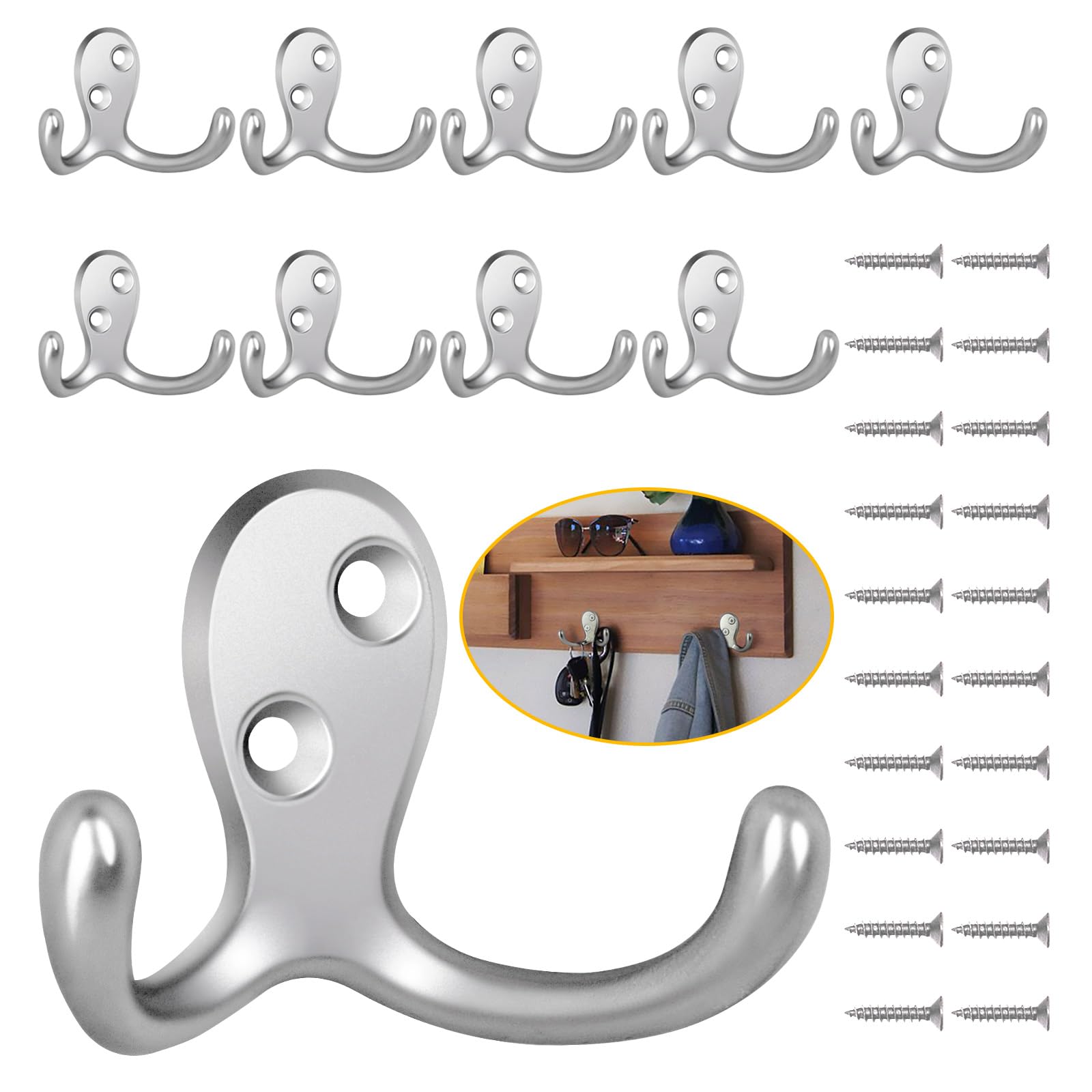 34 Pack Coat Hooks, Heavy Duty Double Prong Coat Hooks Wall Mounted with 68 Screws, No Rust Black Metal Wall Hooks for Hanging Towel, Coat, Bag, Hat, Cup, Key