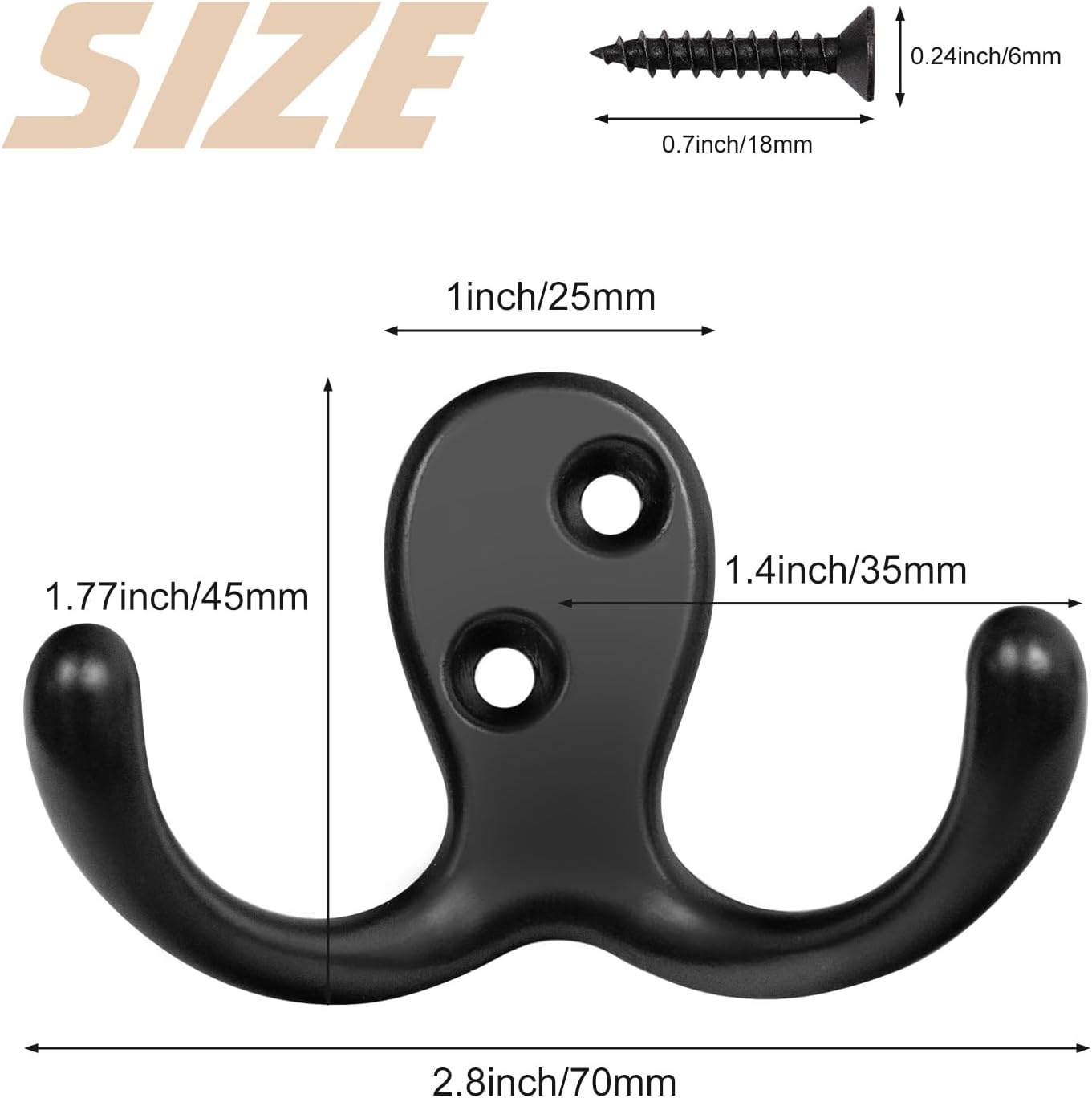 34 Pack Coat Hooks, Heavy Duty Double Prong Coat Hooks Wall Mounted with 68 Screws, No Rust Black Metal Wall Hooks for Hanging Towel, Coat, Bag, Hat, Cup, Key