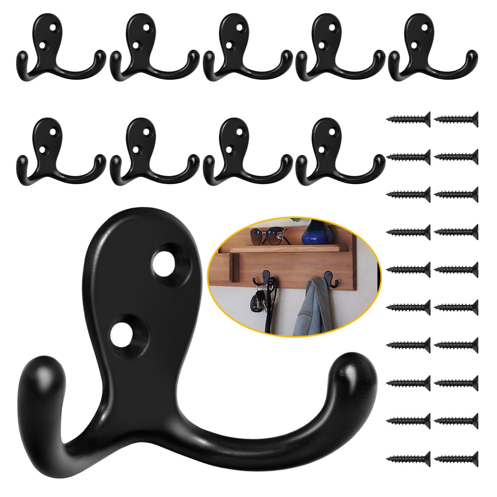34 Pack Coat Hooks, Heavy Duty Double Prong Coat Hooks Wall Mounted with 68 Screws, No Rust Black Metal Wall Hooks for Hanging Towel, Coat, Bag, Hat, Cup, Key