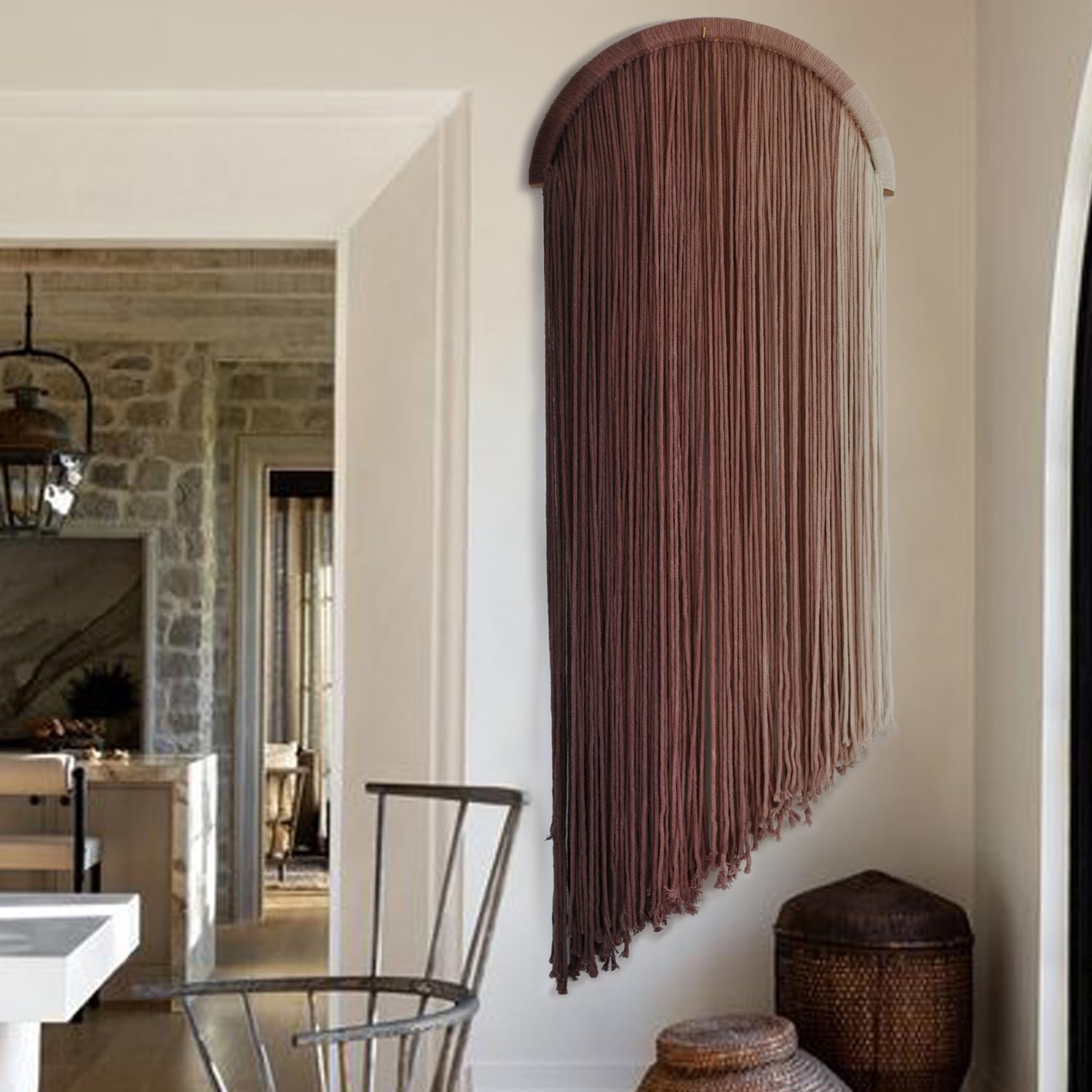 2 Pcs Tie-dye Macrame Wall Hanging Boho Home Decor, Blue White Yarn Tassel Wall Art with Modern Wood Frame, Semicircle Design 13.7" W x 30" L Perfect for Living Room Bedroom Headboard Decoration