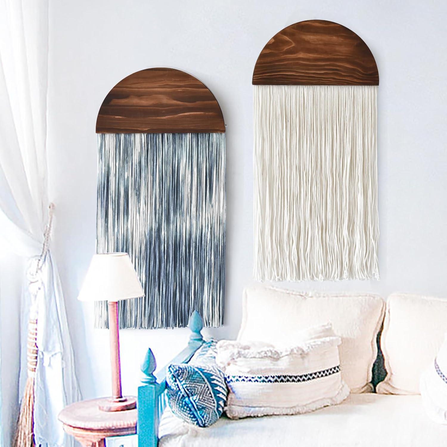 2 Pcs Tie-dye Macrame Wall Hanging Boho Home Decor, Blue White Yarn Tassel Wall Art with Modern Wood Frame, Semicircle Design 13.7" W x 30" L Perfect for Living Room Bedroom Headboard Decoration