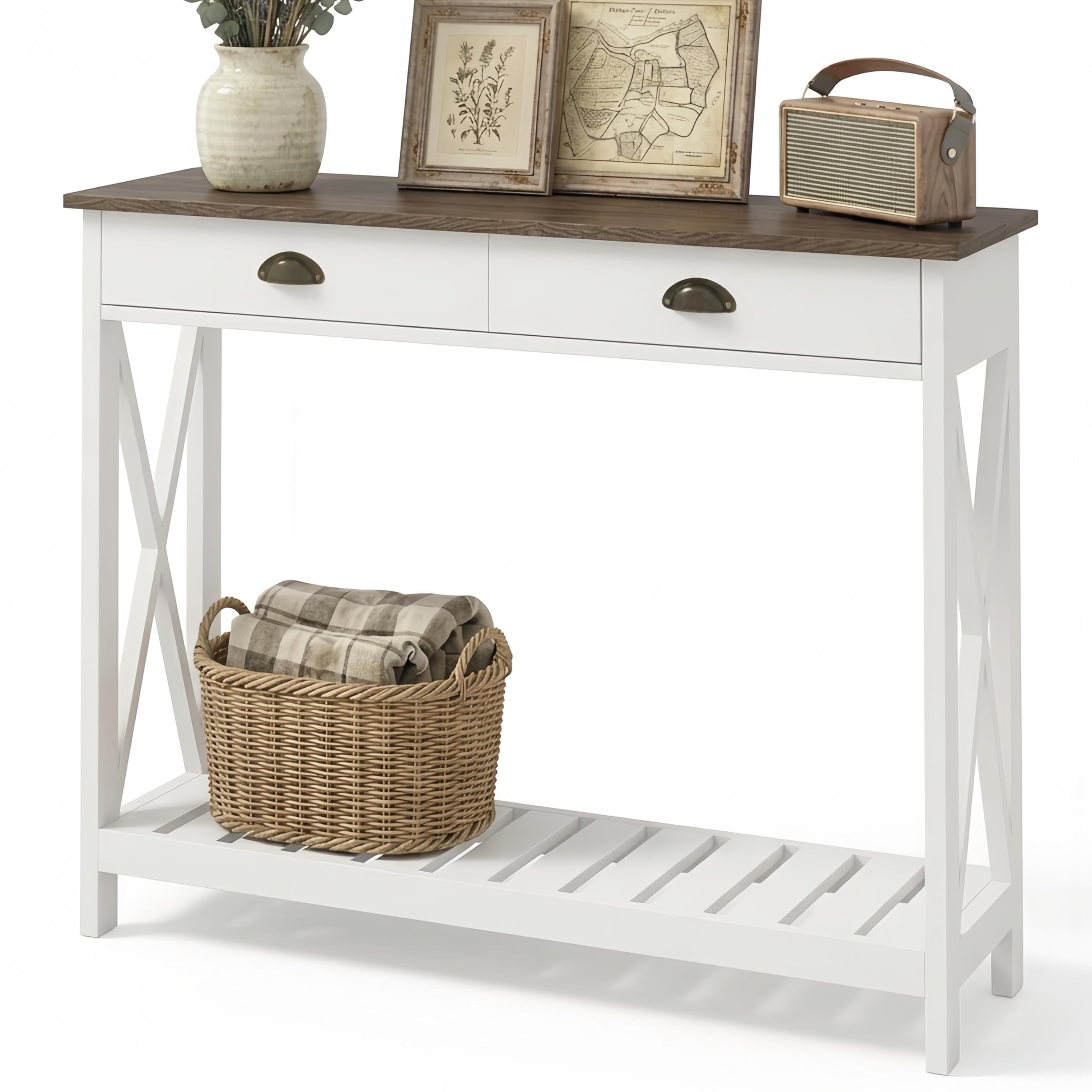 ChooChoo Farmhouse Console Table with Drawer for Entryway, Narrow Long Entry Table with Shelf for Living Room, Rustic Vintage Hallway Sofa Table with Stable X Supports, 40 White
