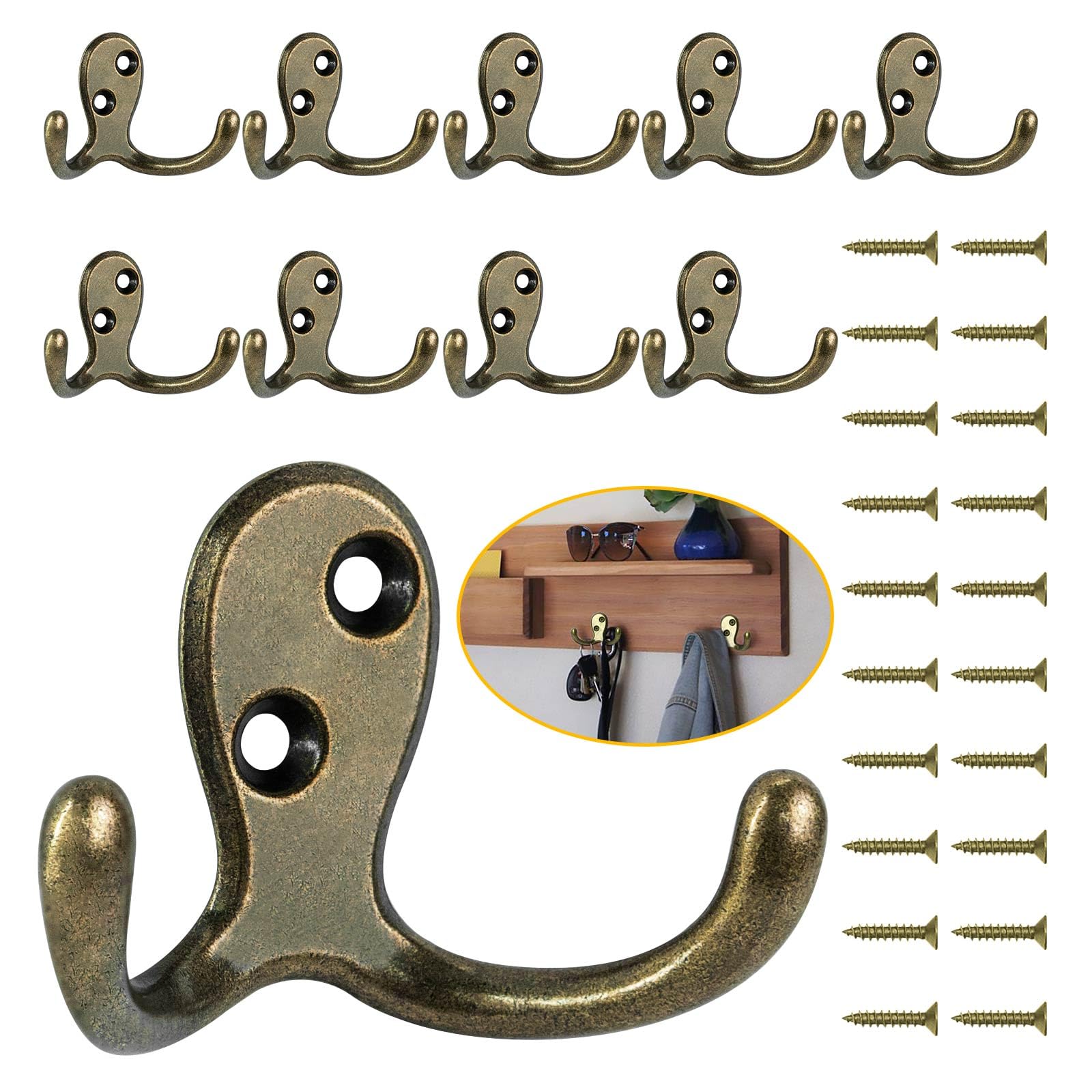 34 Pack Coat Hooks, Heavy Duty Double Prong Coat Hooks Wall Mounted with 68 Screws, No Rust Black Metal Wall Hooks for Hanging Towel, Coat, Bag, Hat, Cup, Key