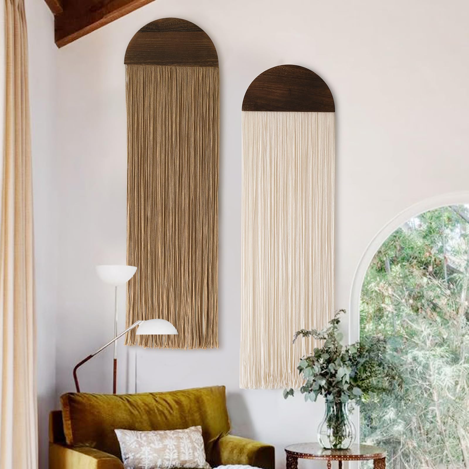 2 Pcs Tie-dye Macrame Wall Hanging Boho Home Decor, Blue White Yarn Tassel Wall Art with Modern Wood Frame, Semicircle Design 13.7" W x 30" L Perfect for Living Room Bedroom Headboard Decoration