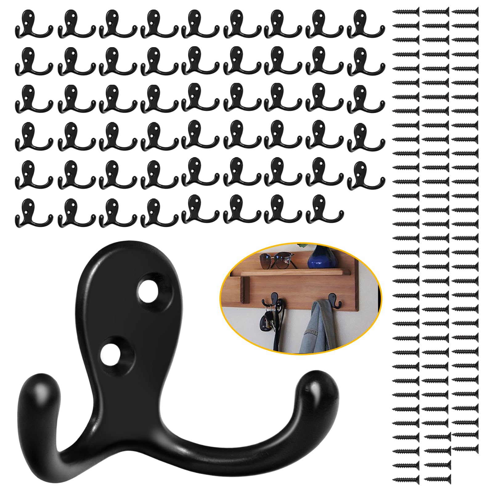 34 Pack Coat Hooks, Heavy Duty Double Prong Coat Hooks Wall Mounted with 68 Screws, No Rust Black Metal Wall Hooks for Hanging Towel, Coat, Bag, Hat, Cup, Key