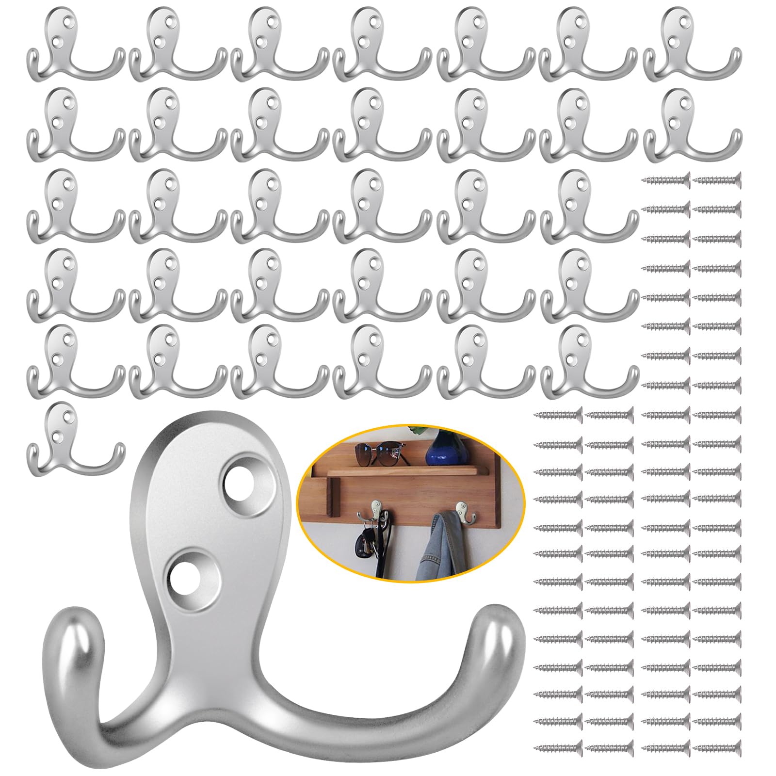 34 Pack Coat Hooks, Heavy Duty Double Prong Coat Hooks Wall Mounted with 68 Screws, No Rust Black Metal Wall Hooks for Hanging Towel, Coat, Bag, Hat, Cup, Key