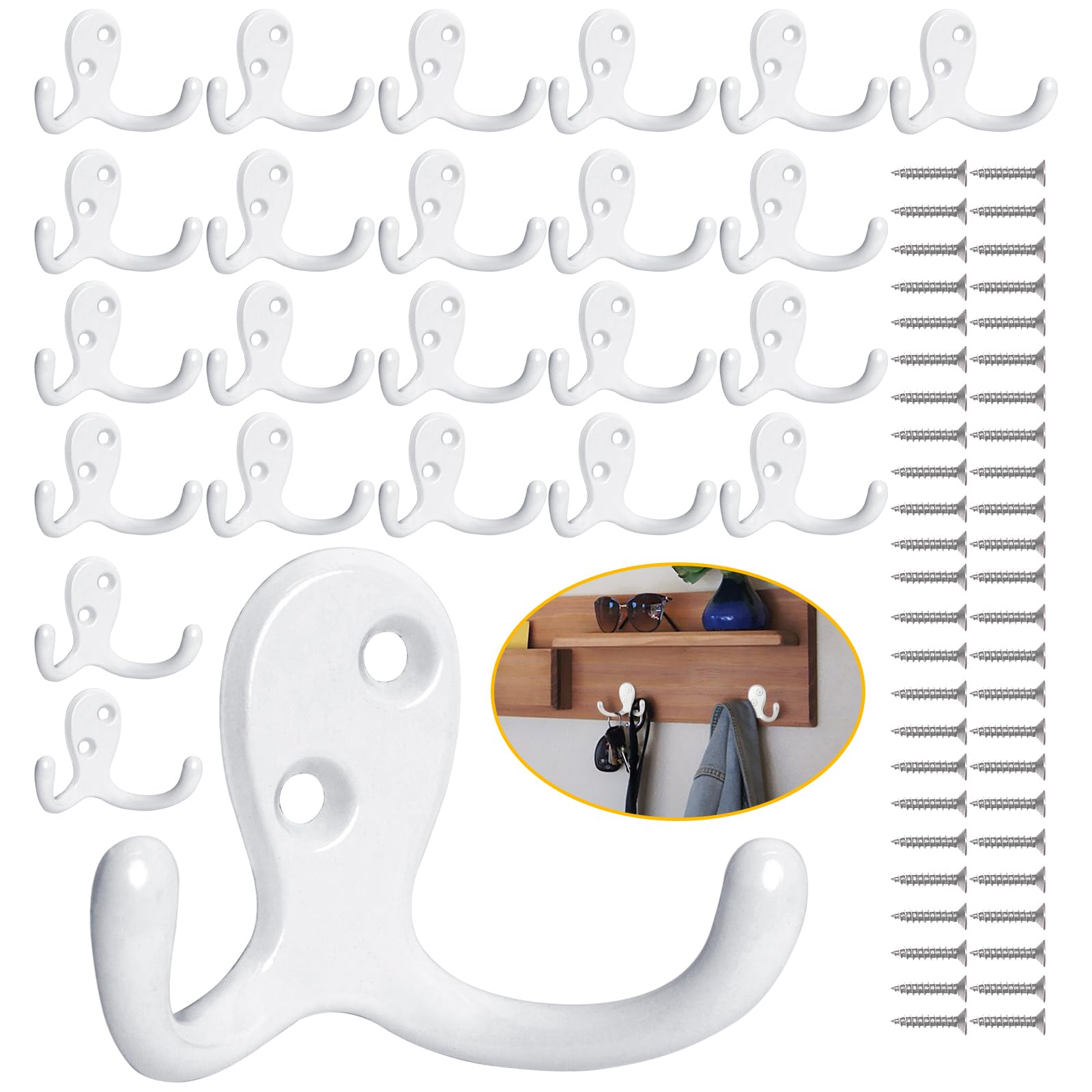 34 Pack Coat Hooks, Heavy Duty Double Prong Coat Hooks Wall Mounted with 68 Screws, No Rust Black Metal Wall Hooks for Hanging Towel, Coat, Bag, Hat, Cup, Key