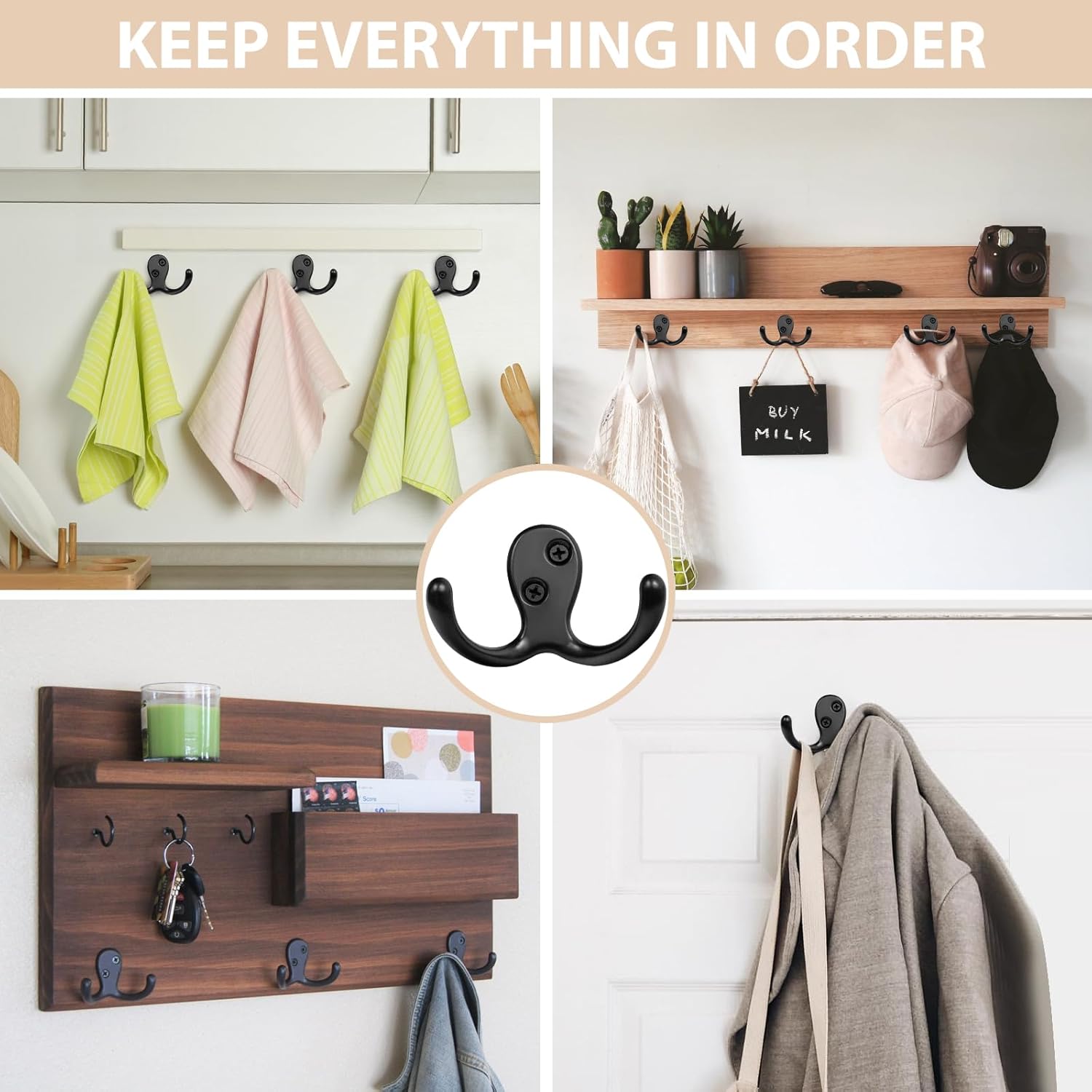 34 Pack Coat Hooks, Heavy Duty Double Prong Coat Hooks Wall Mounted with 68 Screws, No Rust Black Metal Wall Hooks for Hanging Towel, Coat, Bag, Hat, Cup, Key