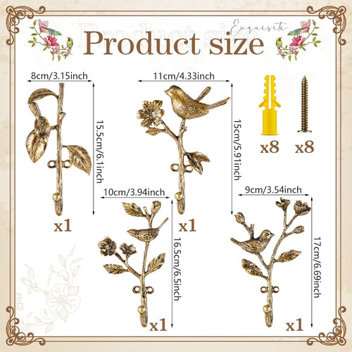 4 Pack Vintage Bronze Bird Hooks for Wall Decorative Coat Hooks Heavy Duty Farmhouse Wall Mounted Cast Iron Rack Hangers for Hanging Clothes Coats Towels Keys Hats(5.9 to 6.7 Inch)