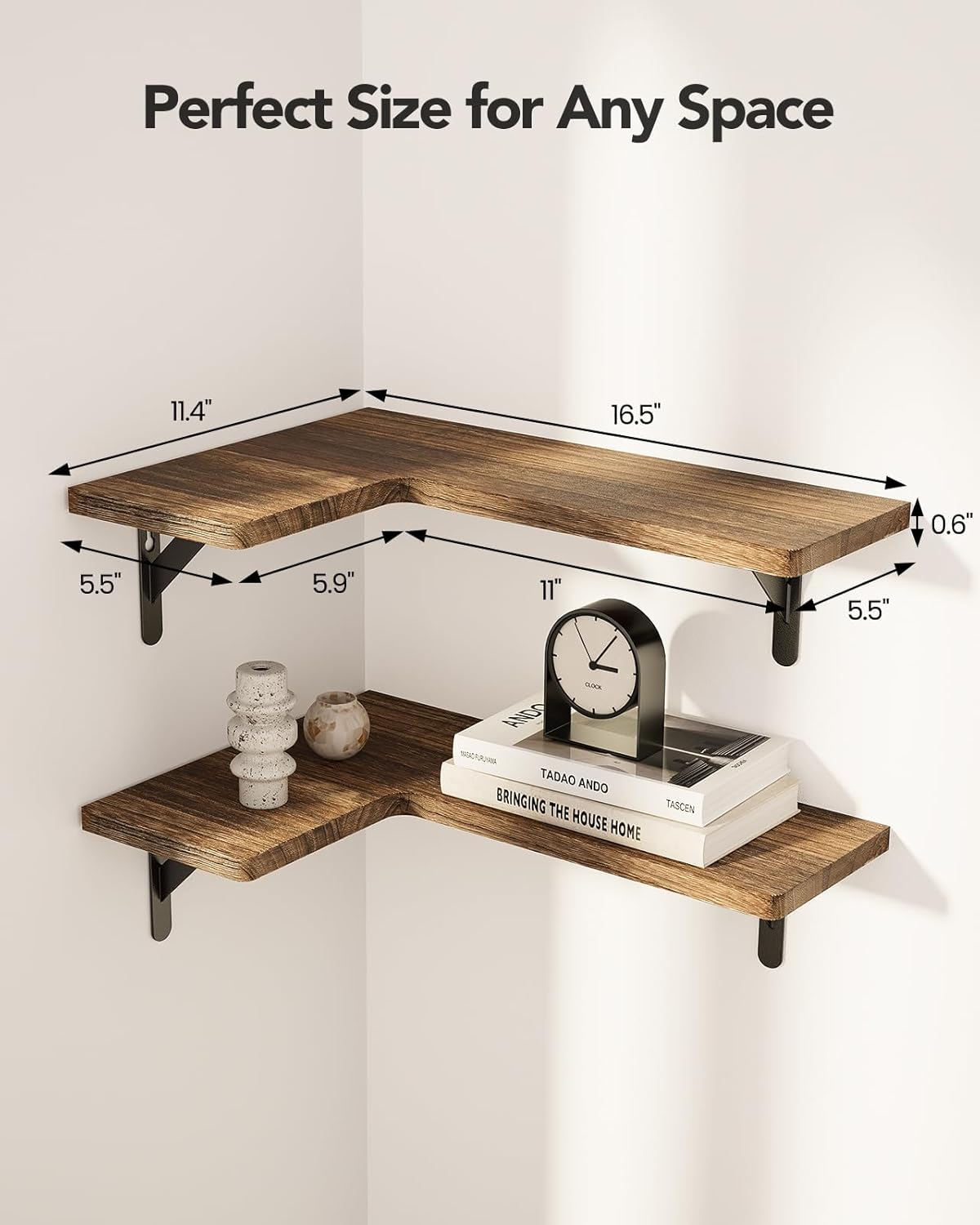 Amada HOMEFURNISHING Corner Floating Shelves, Set of 4 Corner Wall Shelves, Shelves for Wall Decor, Corner Wood Shelves for Home Decor, Office, Bedroom, Bathroom, Laundry Room, Kitchen, Brown