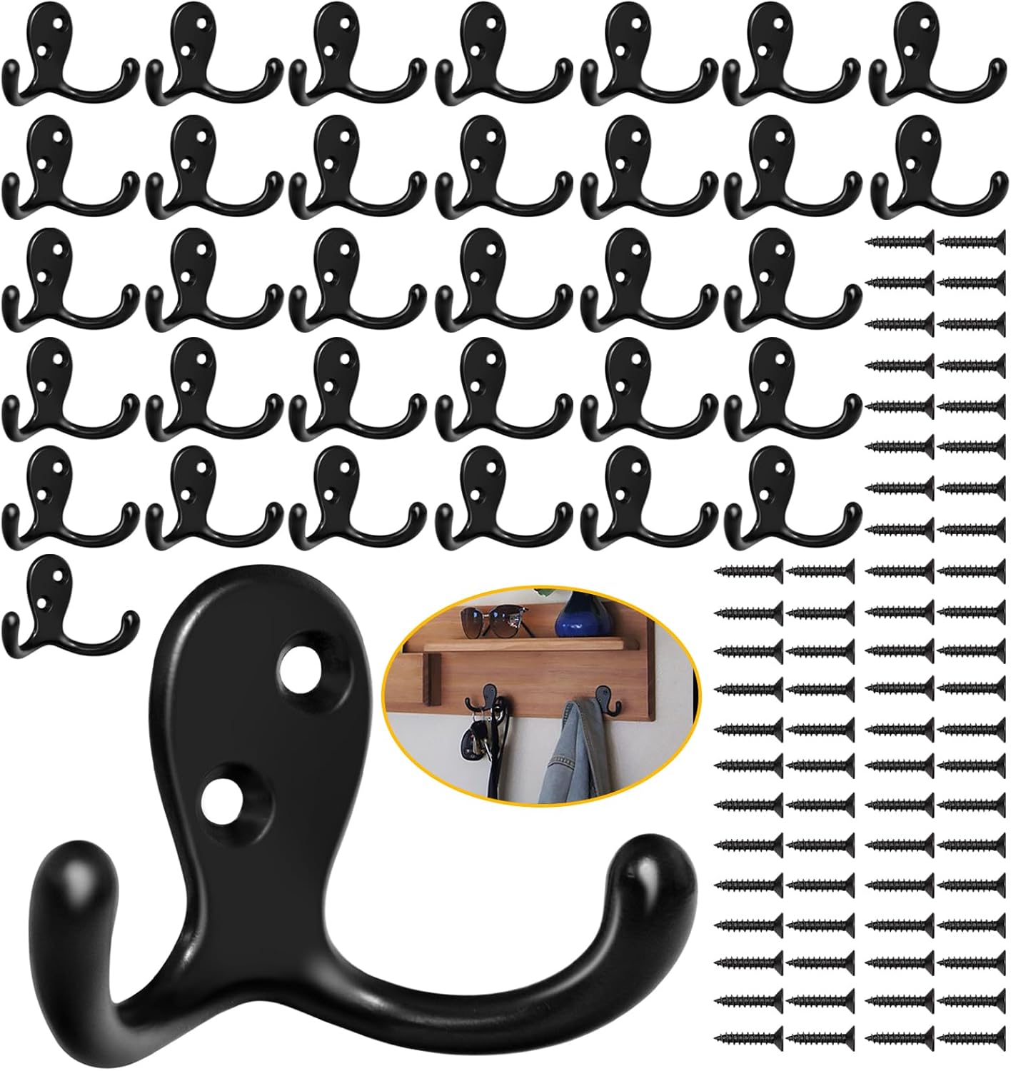 34 Pack Coat Hooks, Heavy Duty Double Prong Coat Hooks Wall Mounted with 68 Screws, No Rust Black Metal Wall Hooks for Hanging Towel, Coat, Bag, Hat, Cup, Key