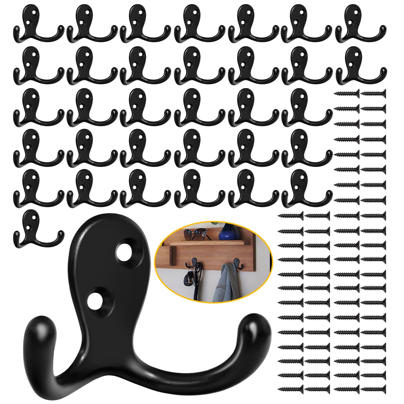 34 Pack Coat Hooks, Heavy Duty Double Prong Coat Hooks Wall Mounted with 68 Screws, No Rust Black Metal Wall Hooks for Hanging Towel, Coat, Bag, Hat, Cup, Key