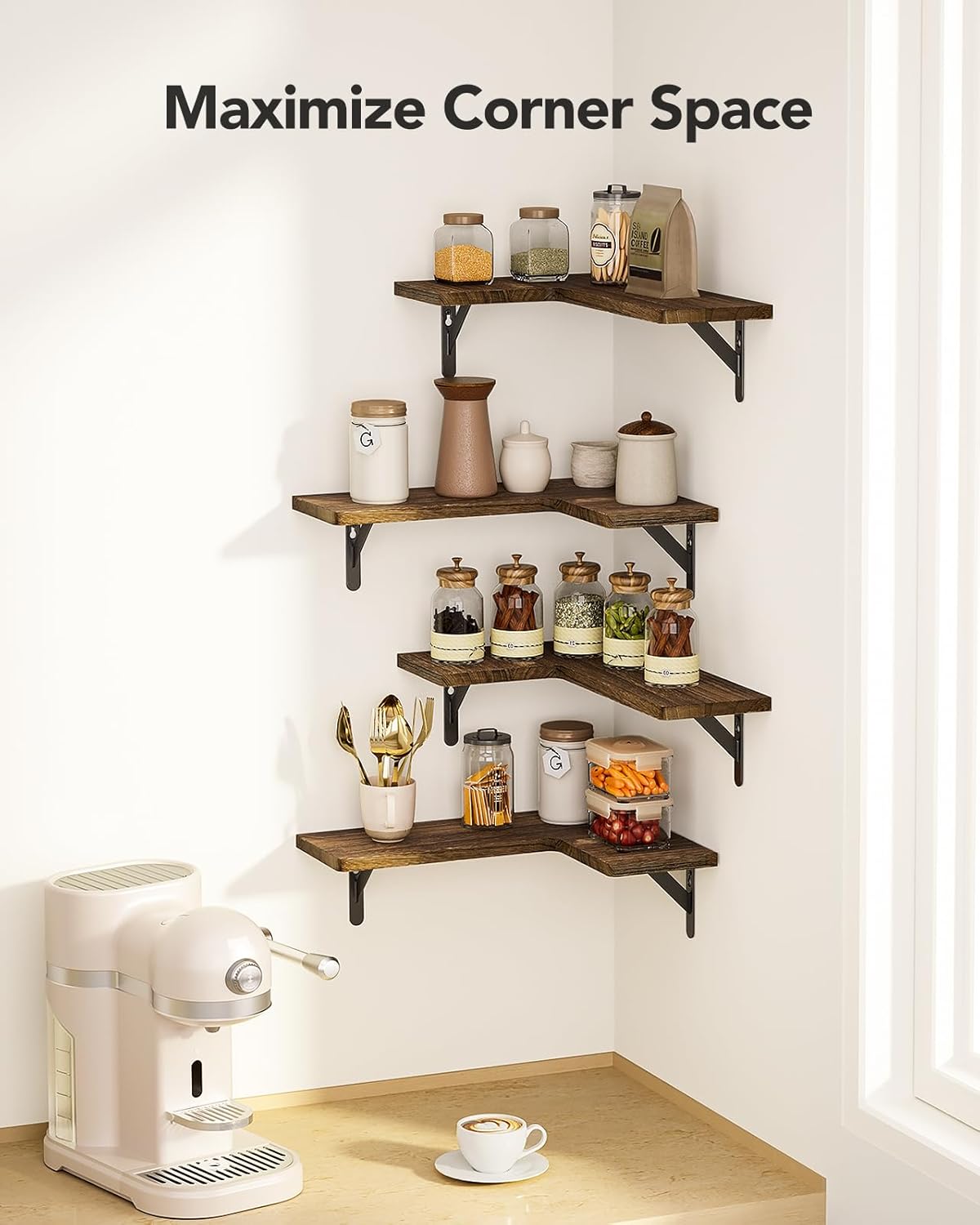 Amada HOMEFURNISHING Corner Floating Shelves, Set of 4 Corner Wall Shelves, Shelves for Wall Decor, Corner Wood Shelves for Home Decor, Office, Bedroom, Bathroom, Laundry Room, Kitchen, Brown