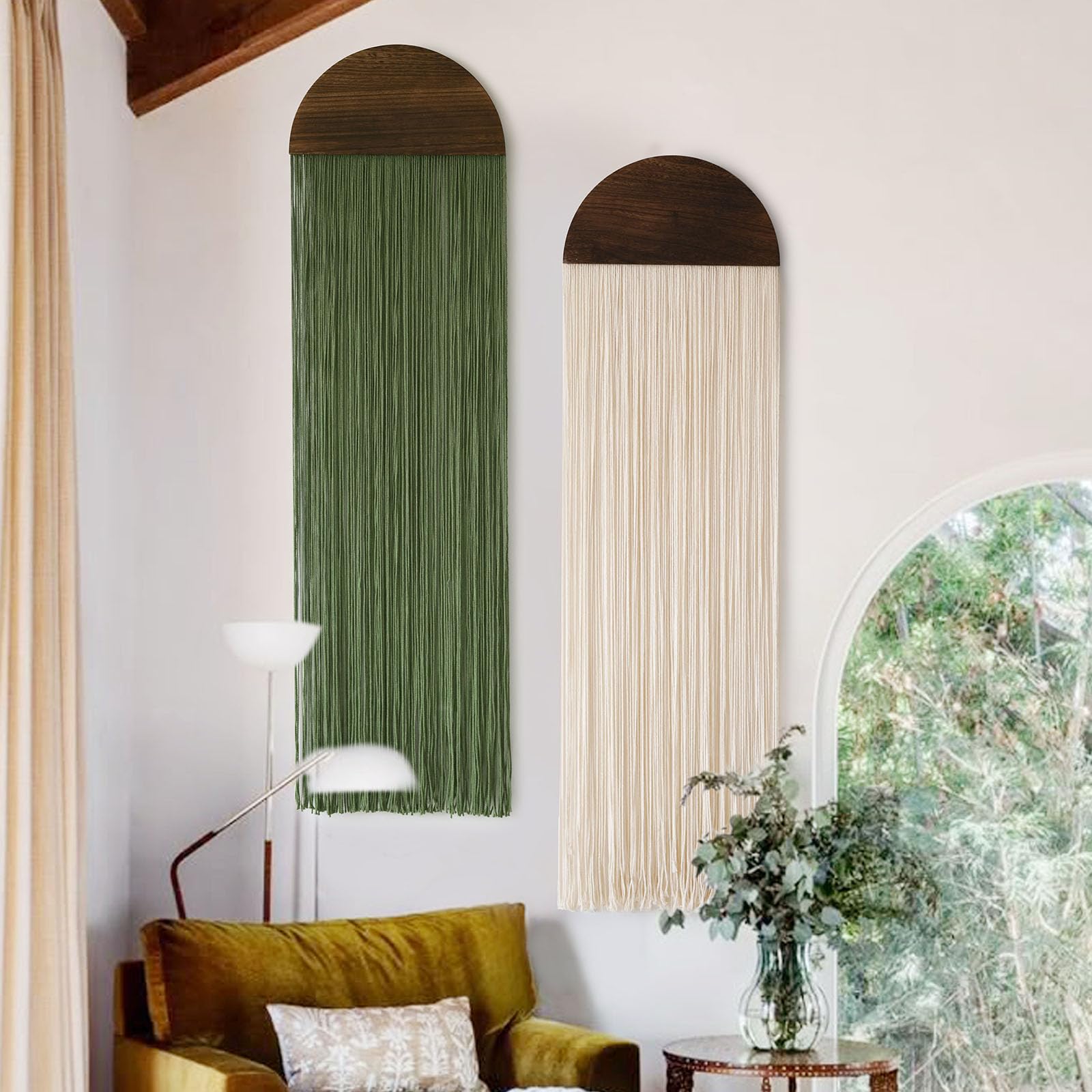 2 Pcs Tie-dye Macrame Wall Hanging Boho Home Decor, Blue White Yarn Tassel Wall Art with Modern Wood Frame, Semicircle Design 13.7" W x 30" L Perfect for Living Room Bedroom Headboard Decoration