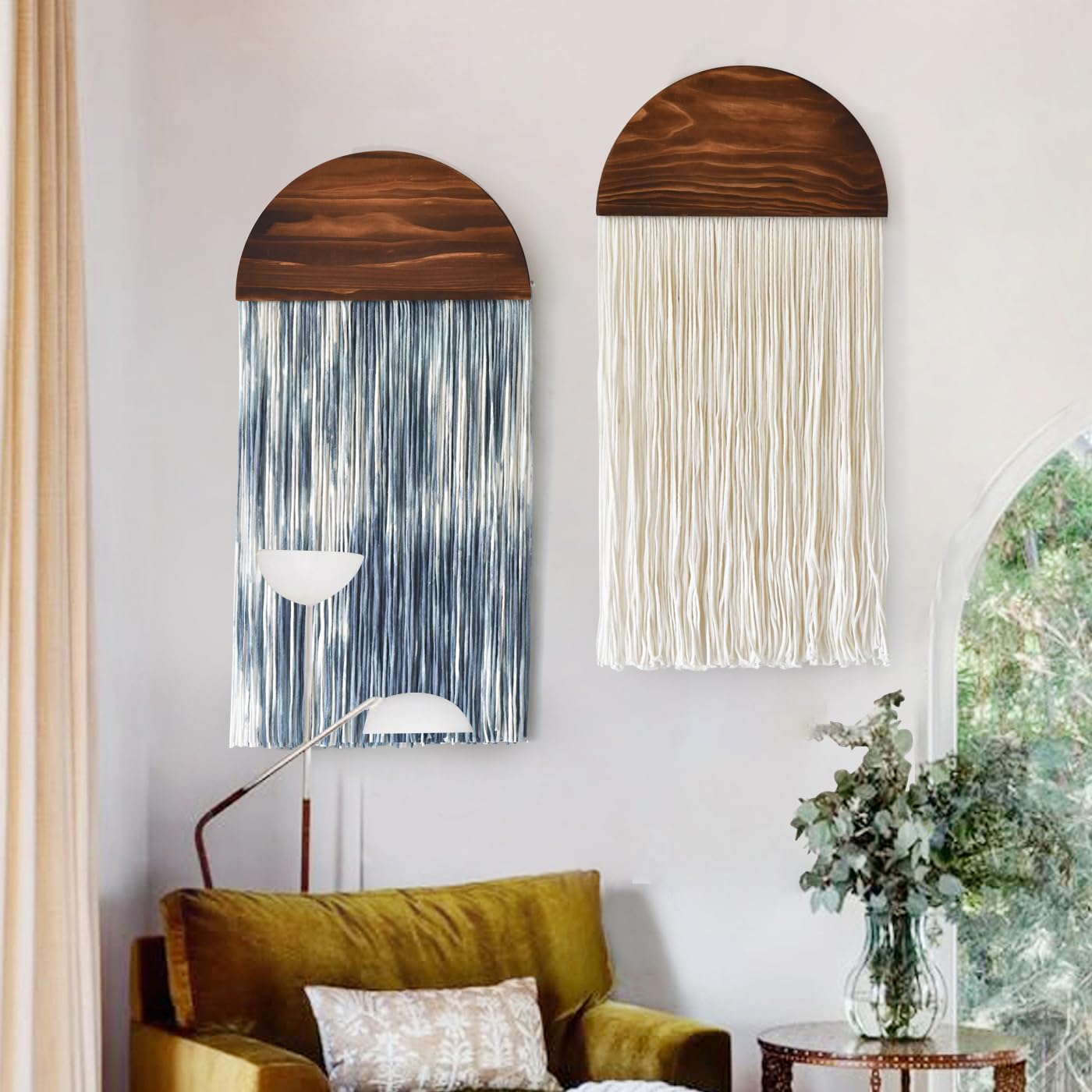 2 Pcs Tie-dye Macrame Wall Hanging Boho Home Decor, Blue White Yarn Tassel Wall Art with Modern Wood Frame, Semicircle Design 13.7" W x 30" L Perfect for Living Room Bedroom Headboard Decoration