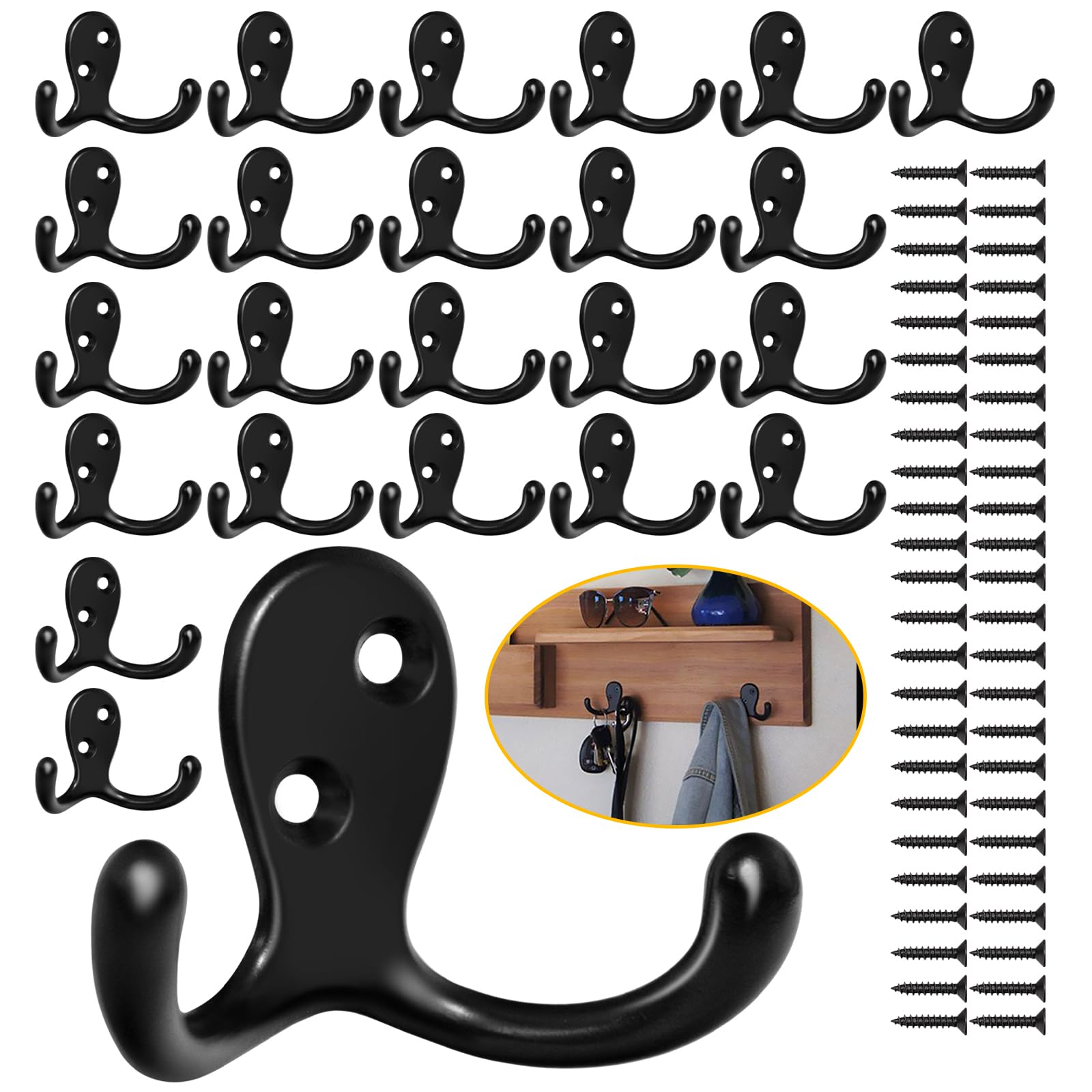 34 Pack Coat Hooks, Heavy Duty Double Prong Coat Hooks Wall Mounted with 68 Screws, No Rust Black Metal Wall Hooks for Hanging Towel, Coat, Bag, Hat, Cup, Key
