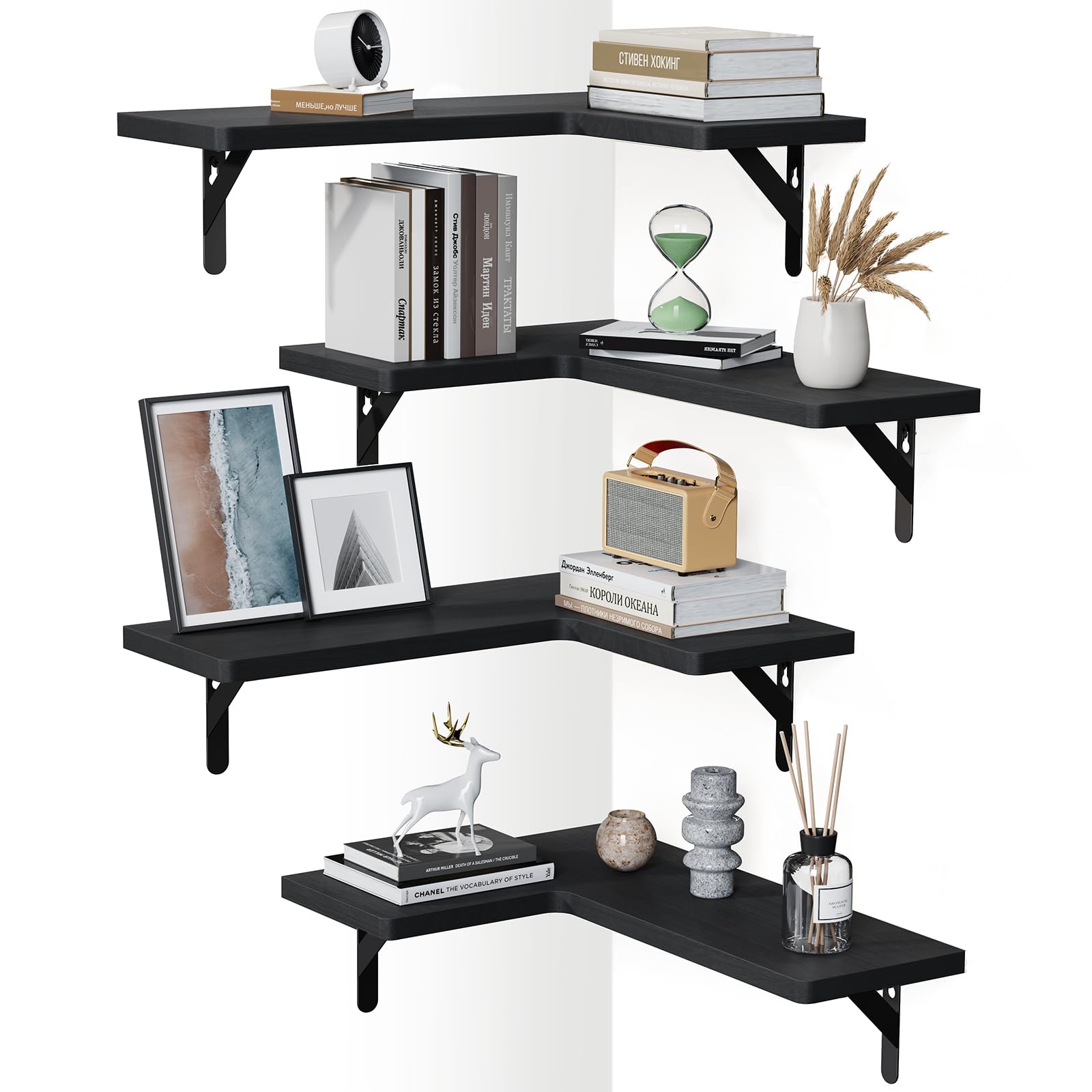 Amada HOMEFURNISHING Corner Floating Shelves, Set of 4 Corner Wall Shelves, Shelves for Wall Decor, Corner Wood Shelves for Home Decor, Office, Bedroom, Bathroom, Laundry Room, Kitchen, Brown