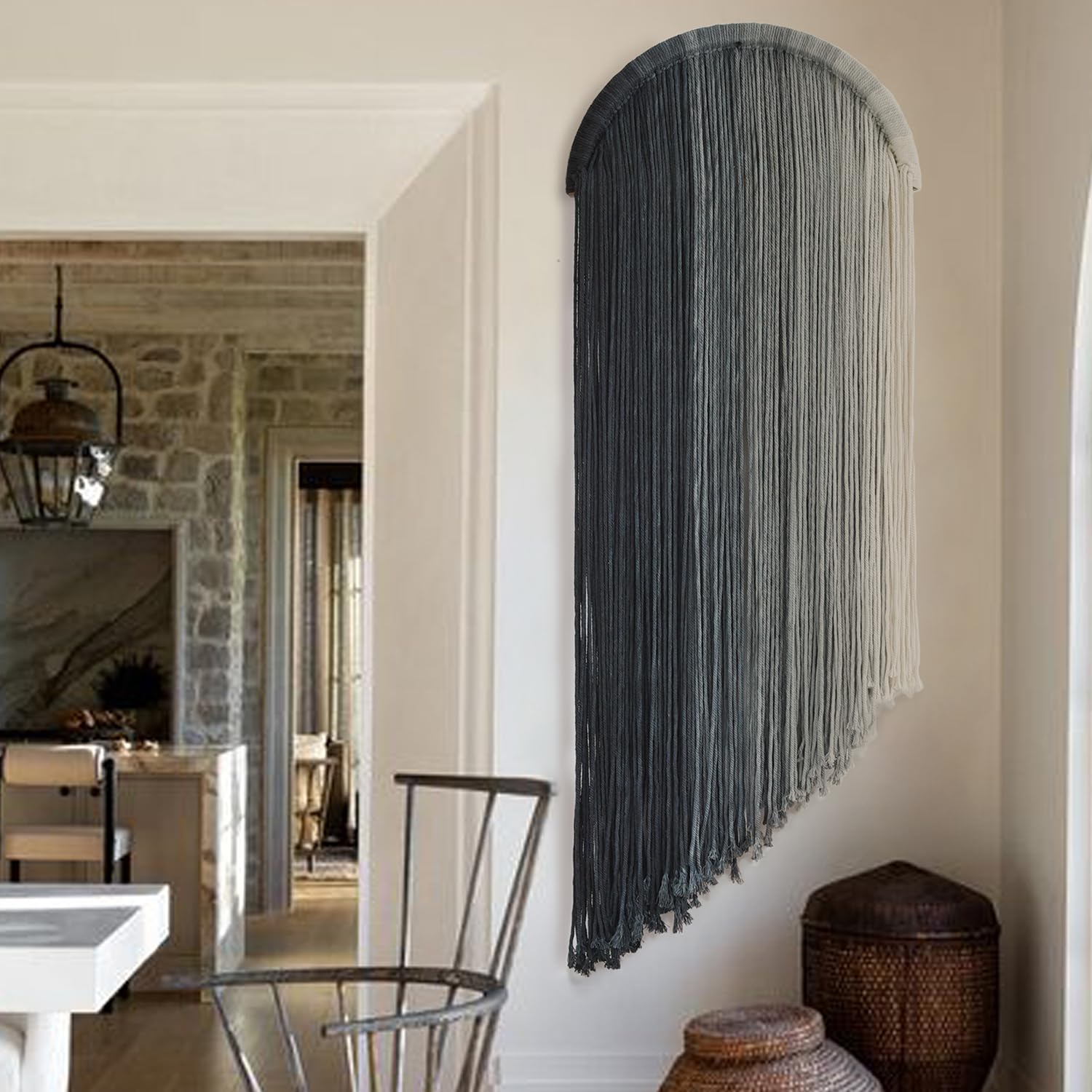 2 Pcs Tie-dye Macrame Wall Hanging Boho Home Decor, Blue White Yarn Tassel Wall Art with Modern Wood Frame, Semicircle Design 13.7" W x 30" L Perfect for Living Room Bedroom Headboard Decoration