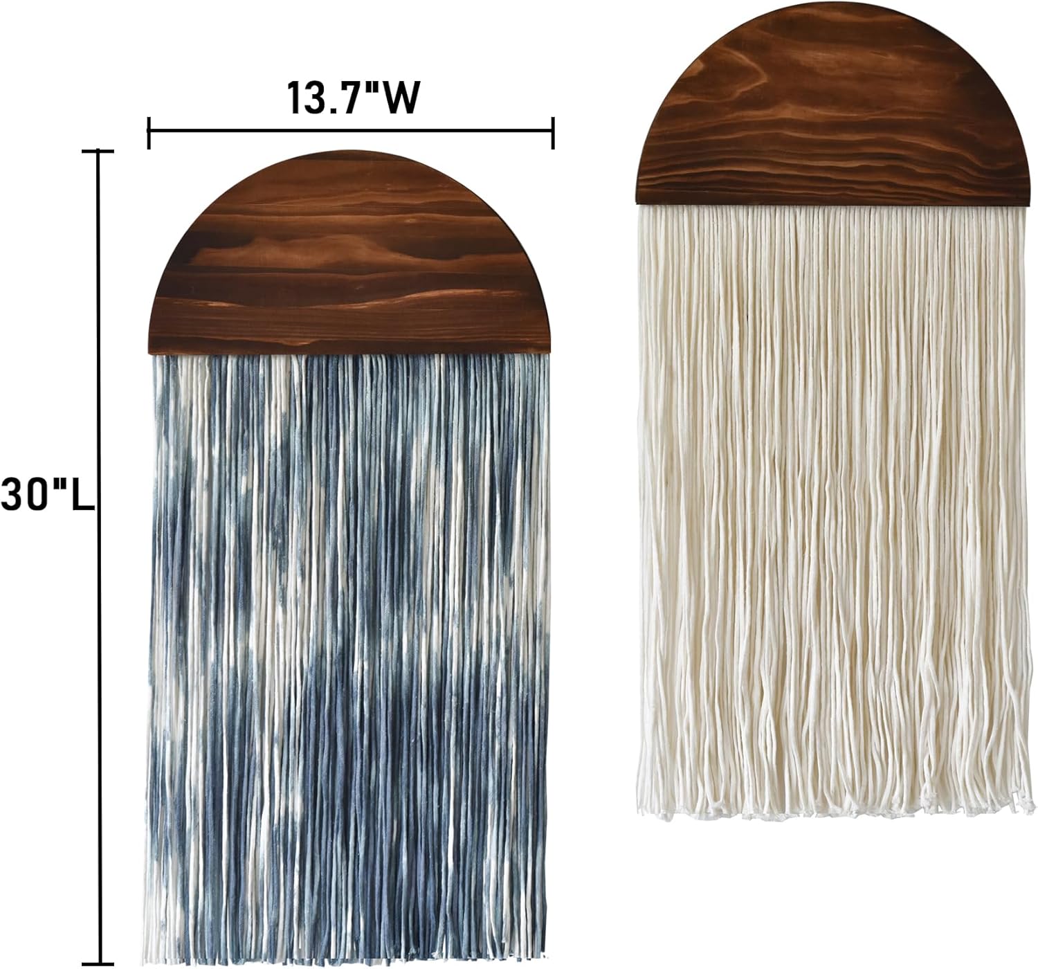 2 Pcs Tie-dye Macrame Wall Hanging Boho Home Decor, Blue White Yarn Tassel Wall Art with Modern Wood Frame, Semicircle Design 13.7" W x 30" L Perfect for Living Room Bedroom Headboard Decoration