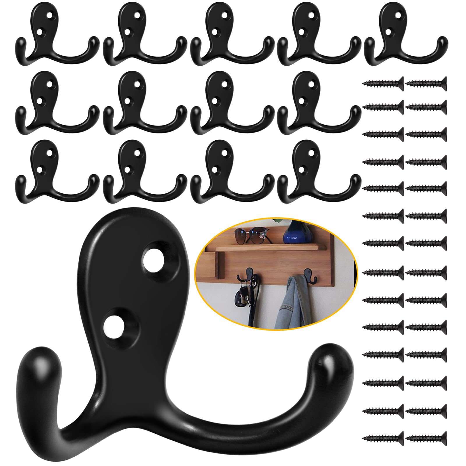 34 Pack Coat Hooks, Heavy Duty Double Prong Coat Hooks Wall Mounted with 68 Screws, No Rust Black Metal Wall Hooks for Hanging Towel, Coat, Bag, Hat, Cup, Key