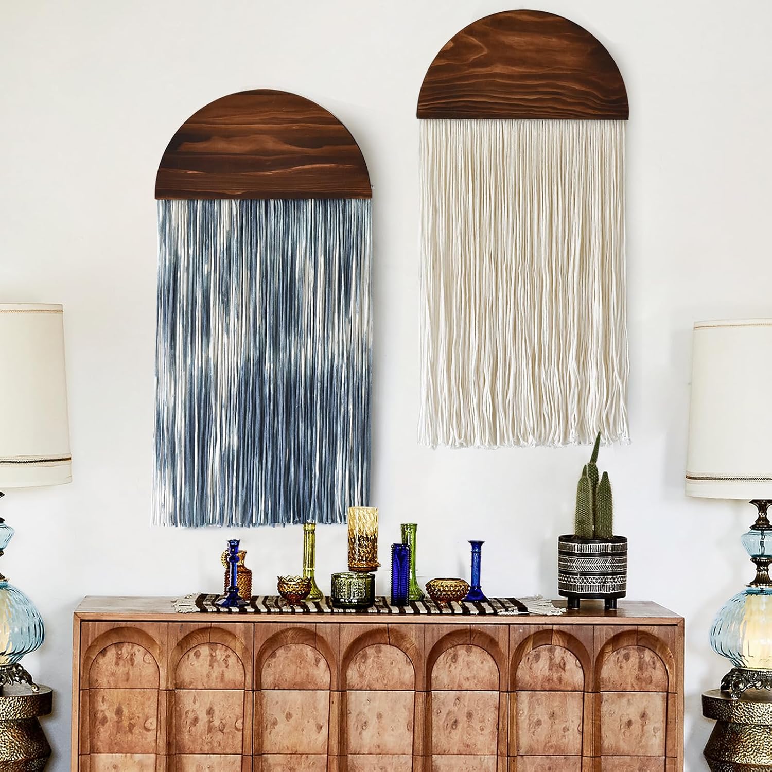 2 Pcs Tie-dye Macrame Wall Hanging Boho Home Decor, Blue White Yarn Tassel Wall Art with Modern Wood Frame, Semicircle Design 13.7" W x 30" L Perfect for Living Room Bedroom Headboard Decoration