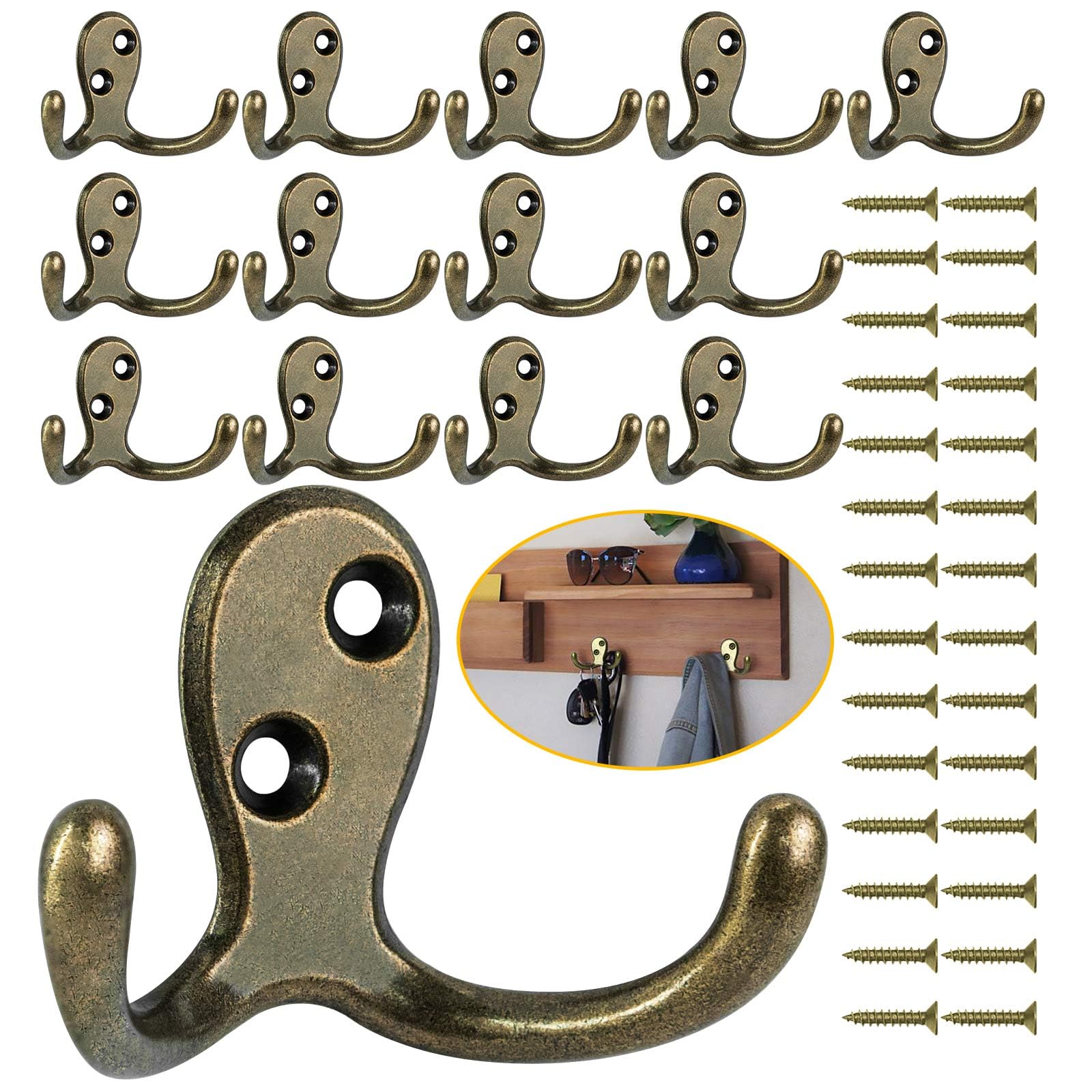 34 Pack Coat Hooks, Heavy Duty Double Prong Coat Hooks Wall Mounted with 68 Screws, No Rust Black Metal Wall Hooks for Hanging Towel, Coat, Bag, Hat, Cup, Key