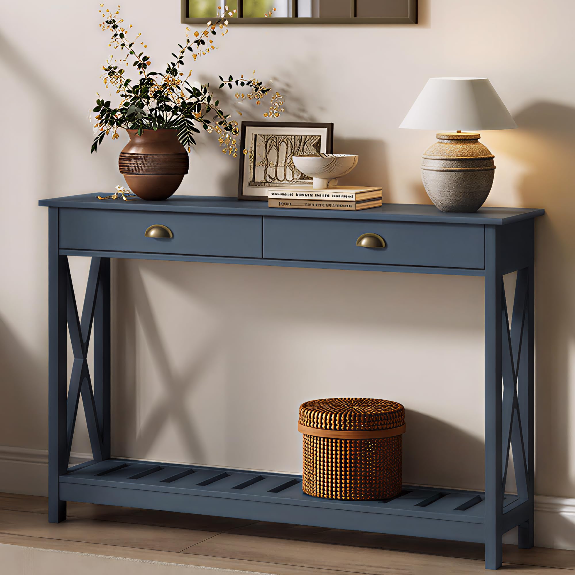 ChooChoo Farmhouse Console Table with Drawer for Entryway, Narrow Long Entry Table with Shelf for Living Room, Rustic Vintage Hallway Sofa Table with Stable X Supports, 40 White