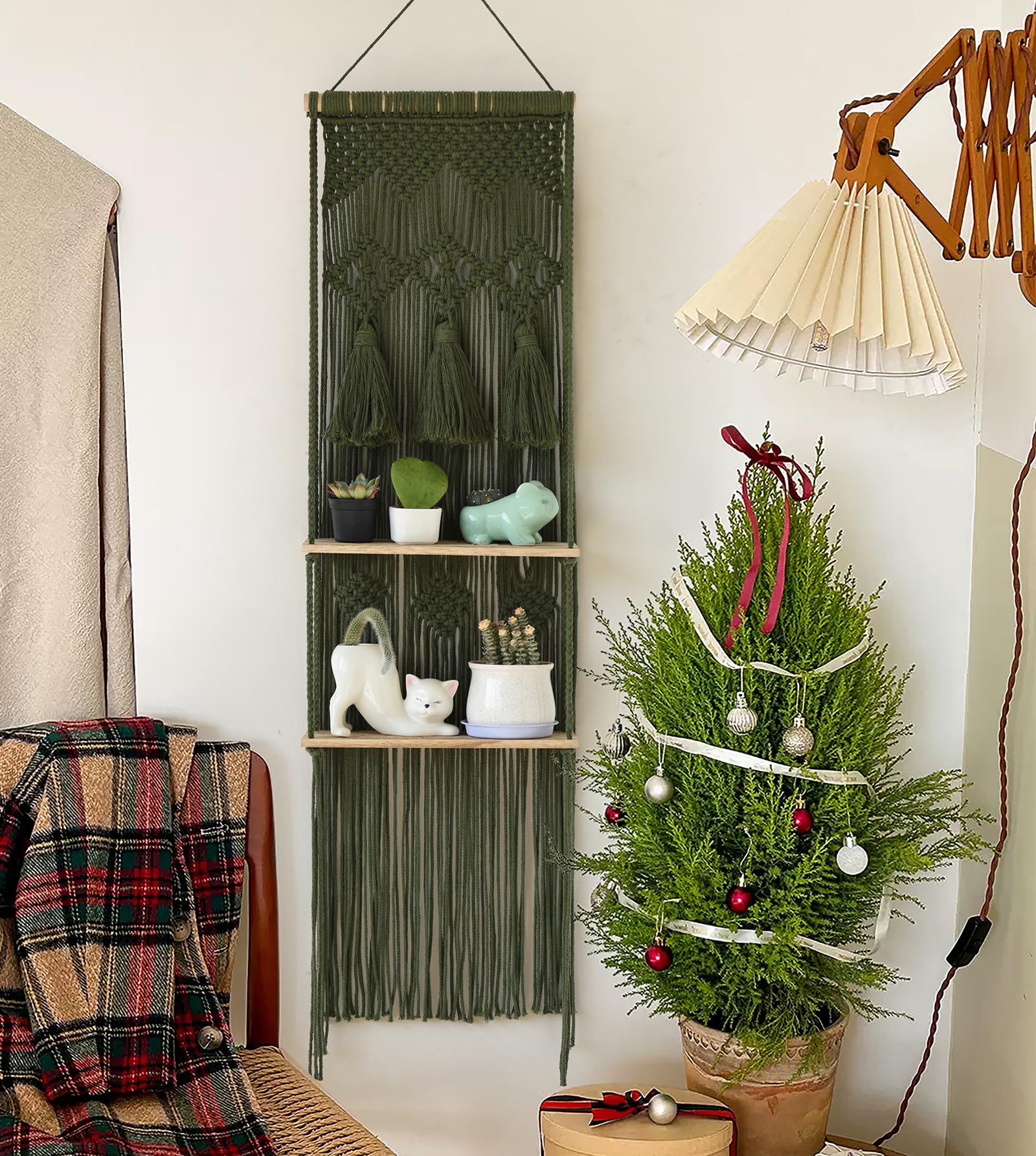 2 Pcs Tie-dye Macrame Wall Hanging Boho Home Decor, Blue White Yarn Tassel Wall Art with Modern Wood Frame, Semicircle Design 13.7" W x 30" L Perfect for Living Room Bedroom Headboard Decoration